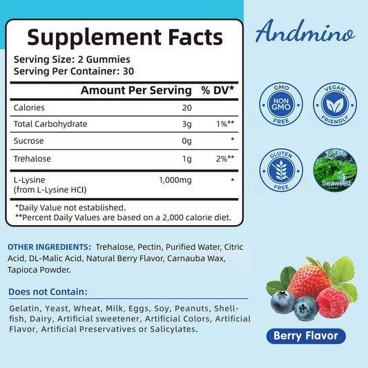 Andmino L-Lysine Gummies nutritional facts label