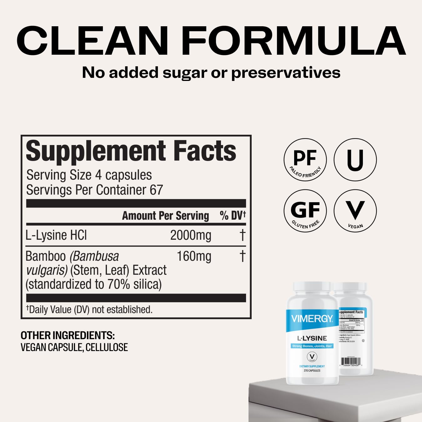 Side view of Vimergy L-Lysine 270 count bottle