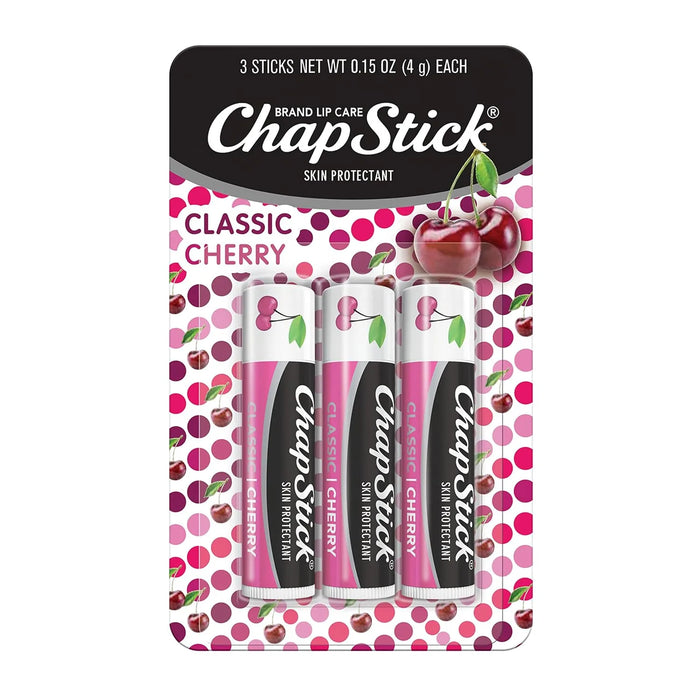 ChapStick Classic Cherry lip balm packaging with three sticks on a polka dot background.