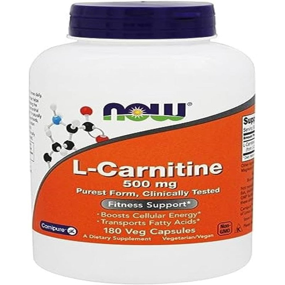 NOW Foods L-Carnitine 500 mg 180 vegetarian capsules front bottle view for fitness and energy metabolism support
