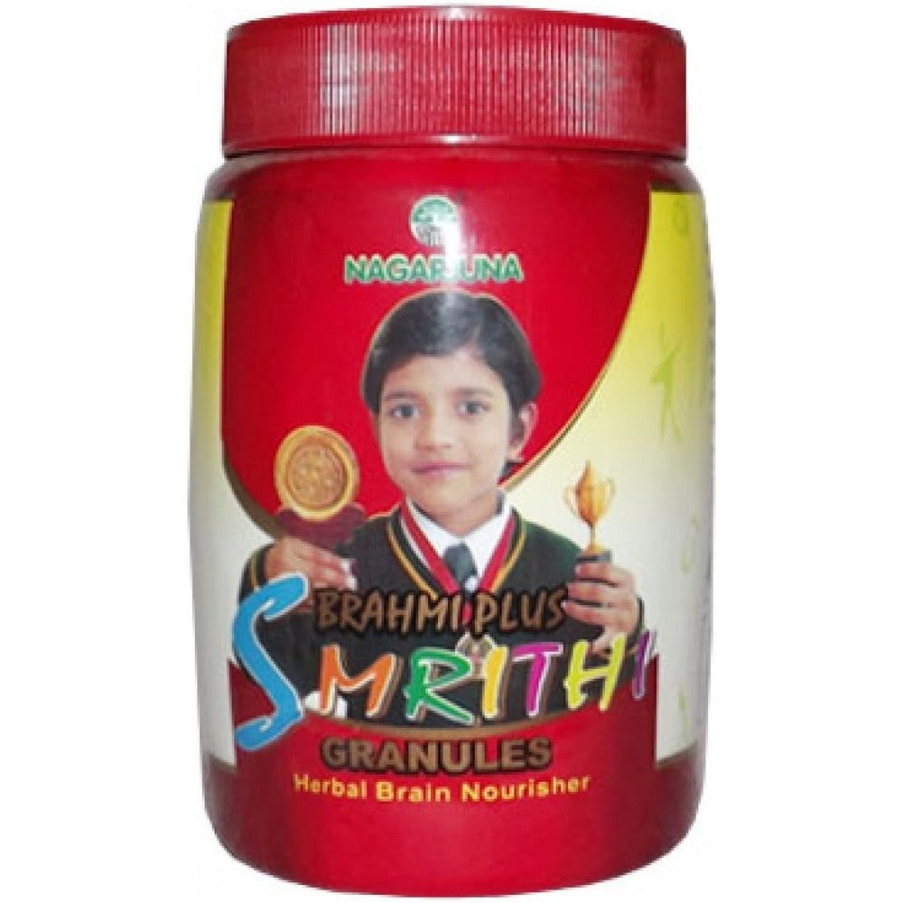 Nagarjuna Brahmi Plus Smrithi Granules 200 Grams bottle front view showing authentic Ayurvedic packaging