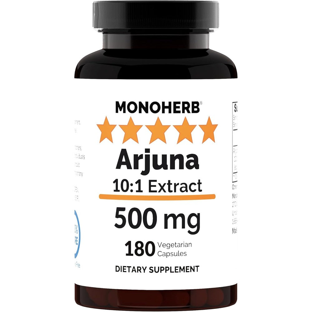 Monoherb Arjuna Extract 500mg 180 vegetarian capsules front view bottle for cardiovascular support.
