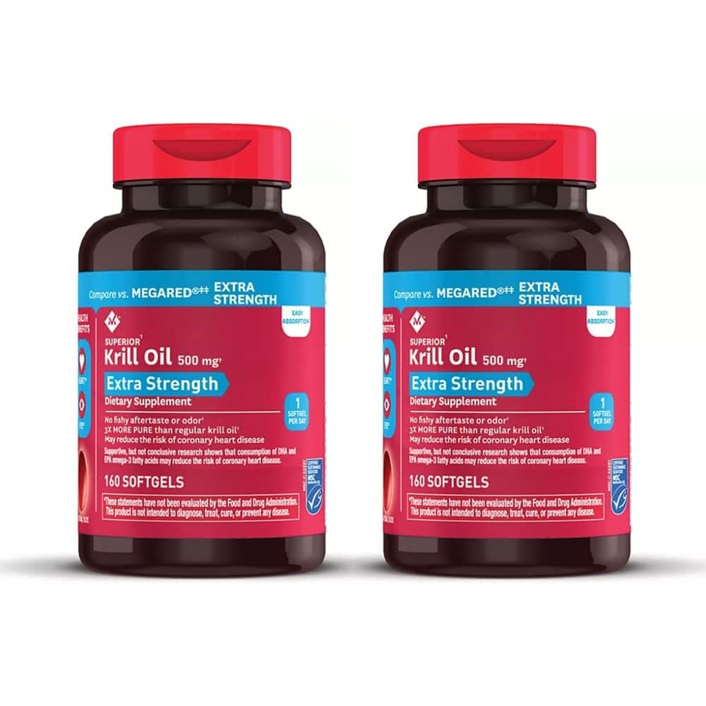 Member's Mark Extra Strength Krill Oil 500mg 160 Softgels 2 Pack front view bottle for premium heart health support.