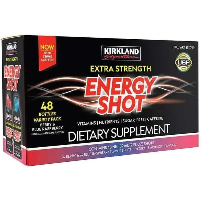 Kirkland Signature Extra Strength Energy Shot 48 bottle variety pack front view