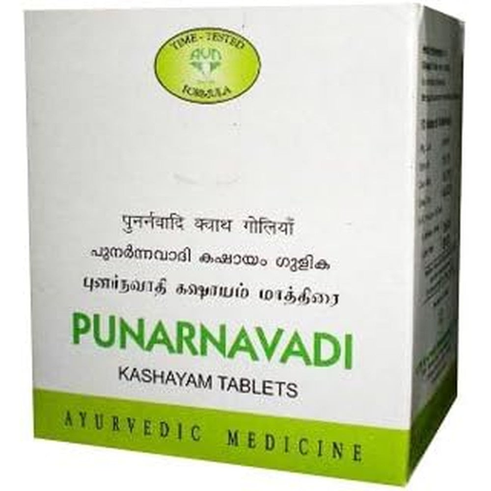 AVN Ayurveda Formulations Punarnavadi Kashayam 100 Tablets front view bottle showing natural diuretic health supplement info.