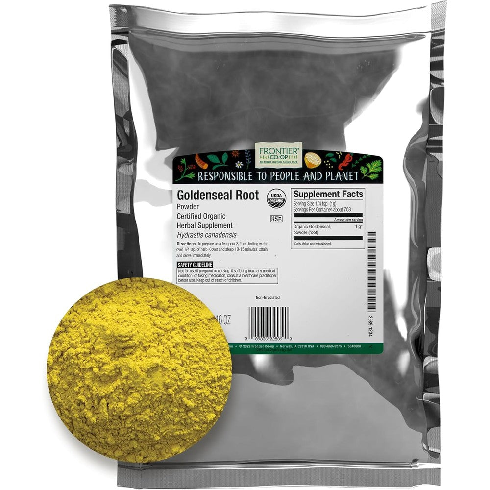 Frontier Co-op Organic Goldenseal Root Powder 4 Ounce front view packaging showing authentic USA imported herbal supplement.
