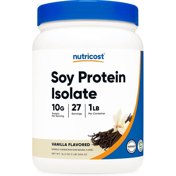 Nutricost Soy Protein Isolate Powder front view showing vanilla flavor and 1 pound size.
