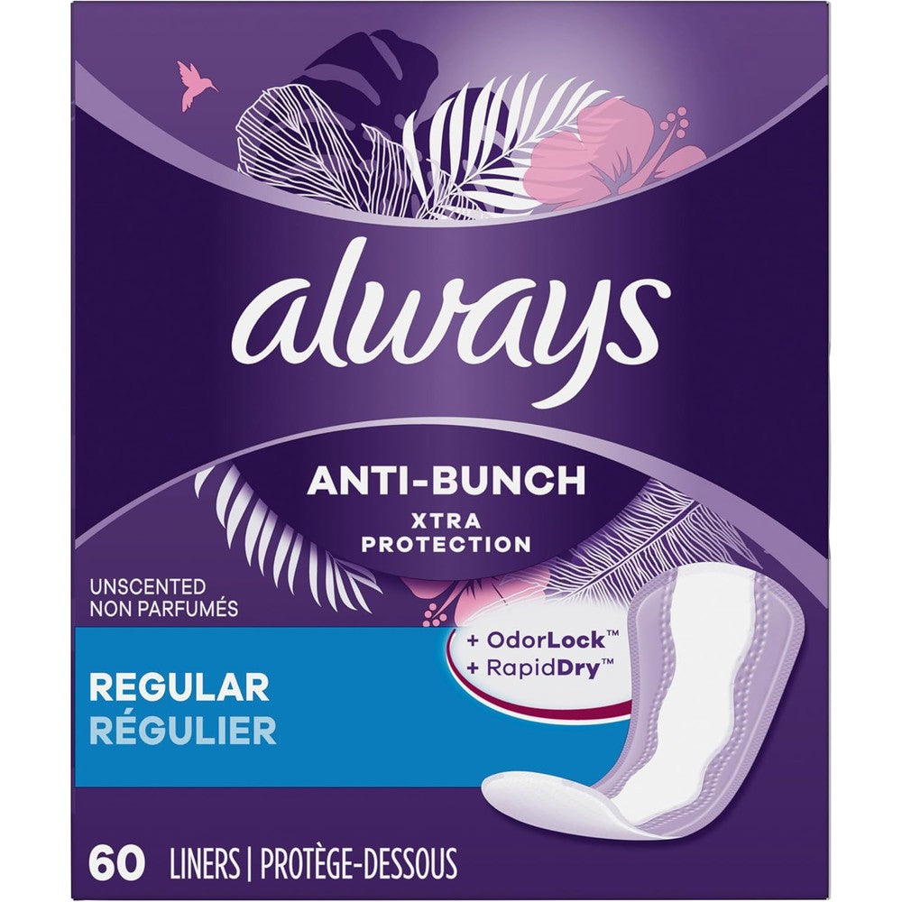 Always Anti-Bunch Xtra Protection Regular Daily Liners 60 Count front view imported personal care.