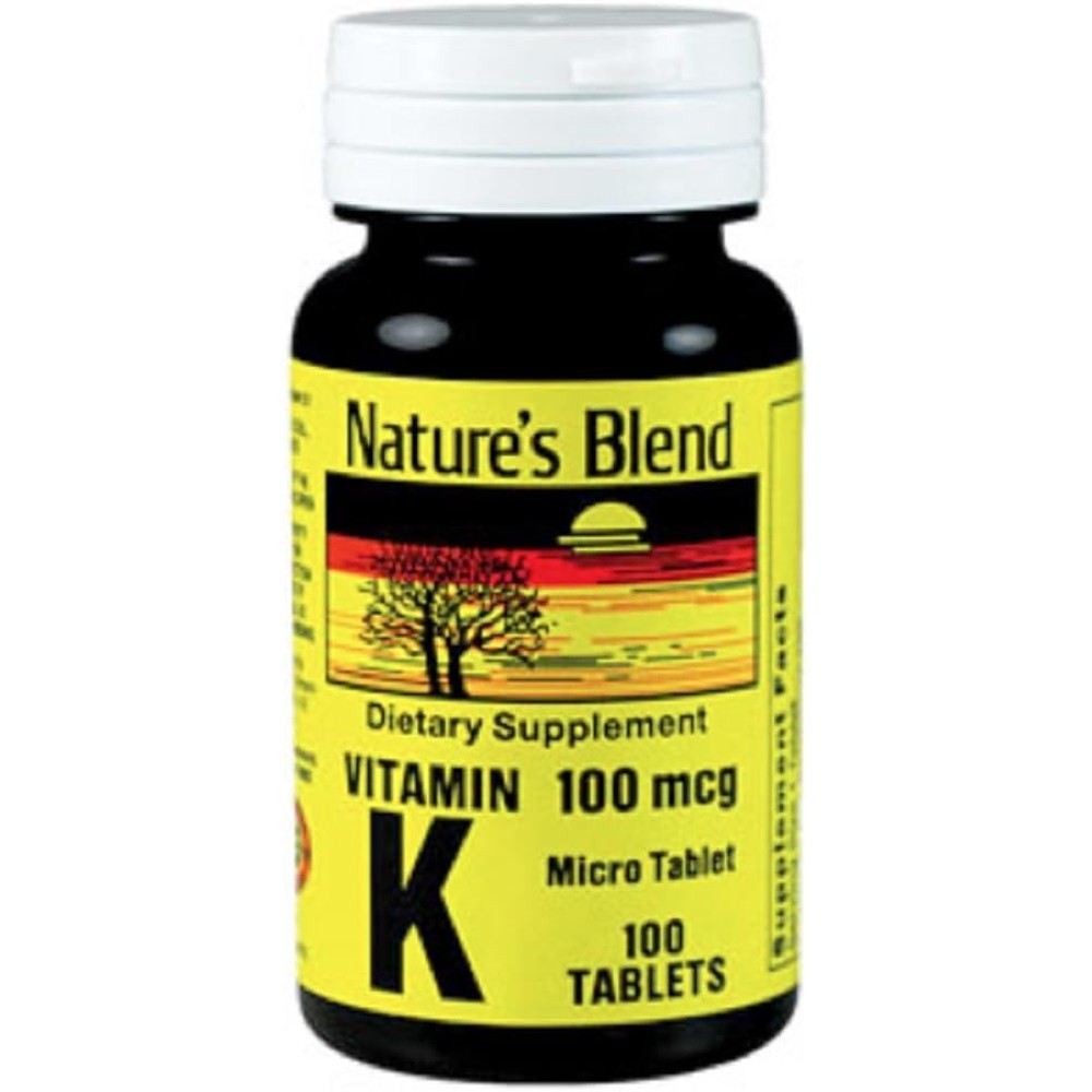 Nature's Blend Vitamin K 100 Micrograms 100 Tablets front view bottle showing dietary supplement for bone health