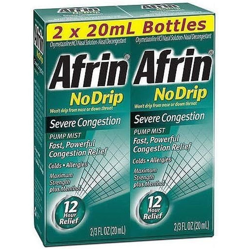 Afrin No Drip Severe Congestion Pump Mist Nasal Spray twin pack front view showing the packaging and twenty milliliter bottles.