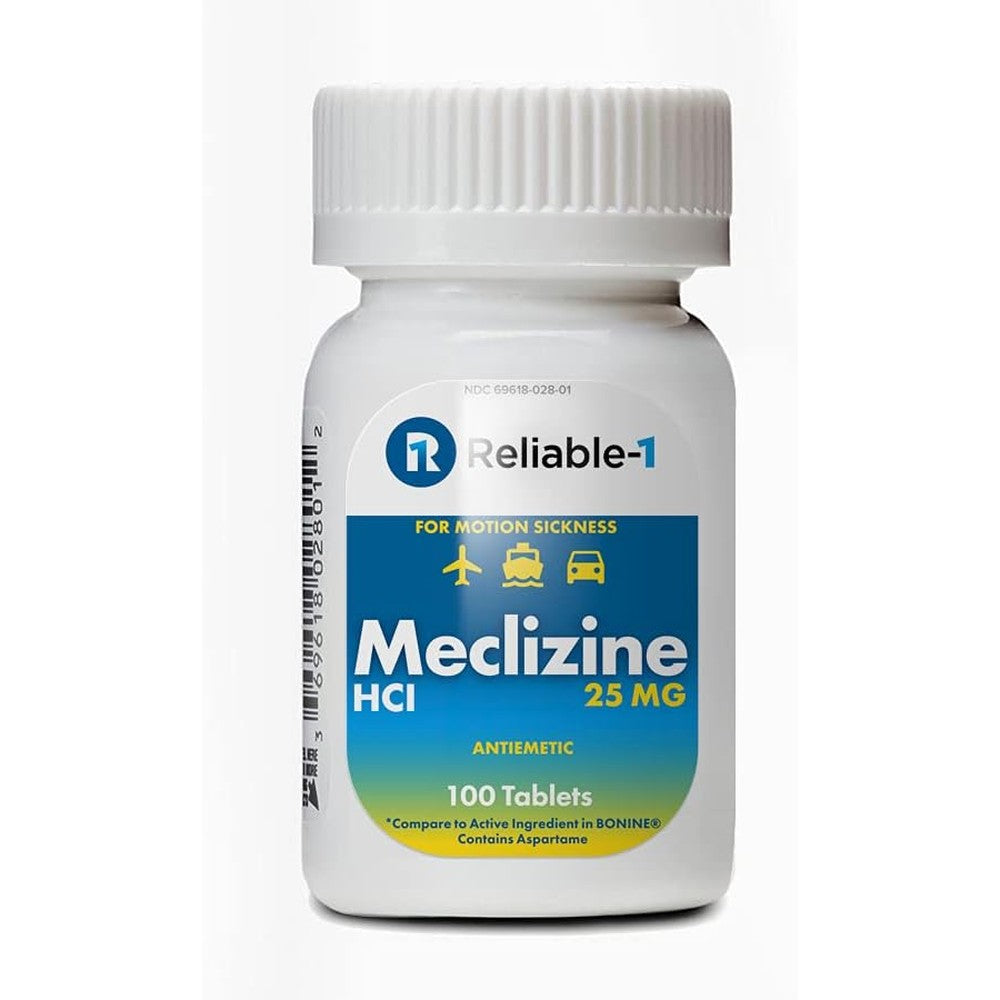 Reliable-1 Laboratories Meclizine 25 Milligrams 100 Chewable Tablets front bottle view for motion sickness relief
