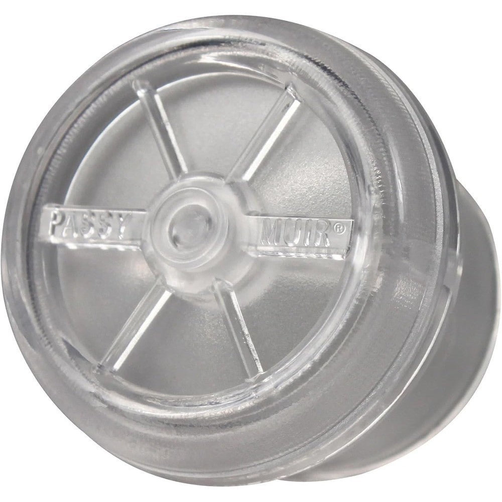 Lameiz Passy-Muir PMV 2000 clear tracheostomy speaking valve front view for medical communication.