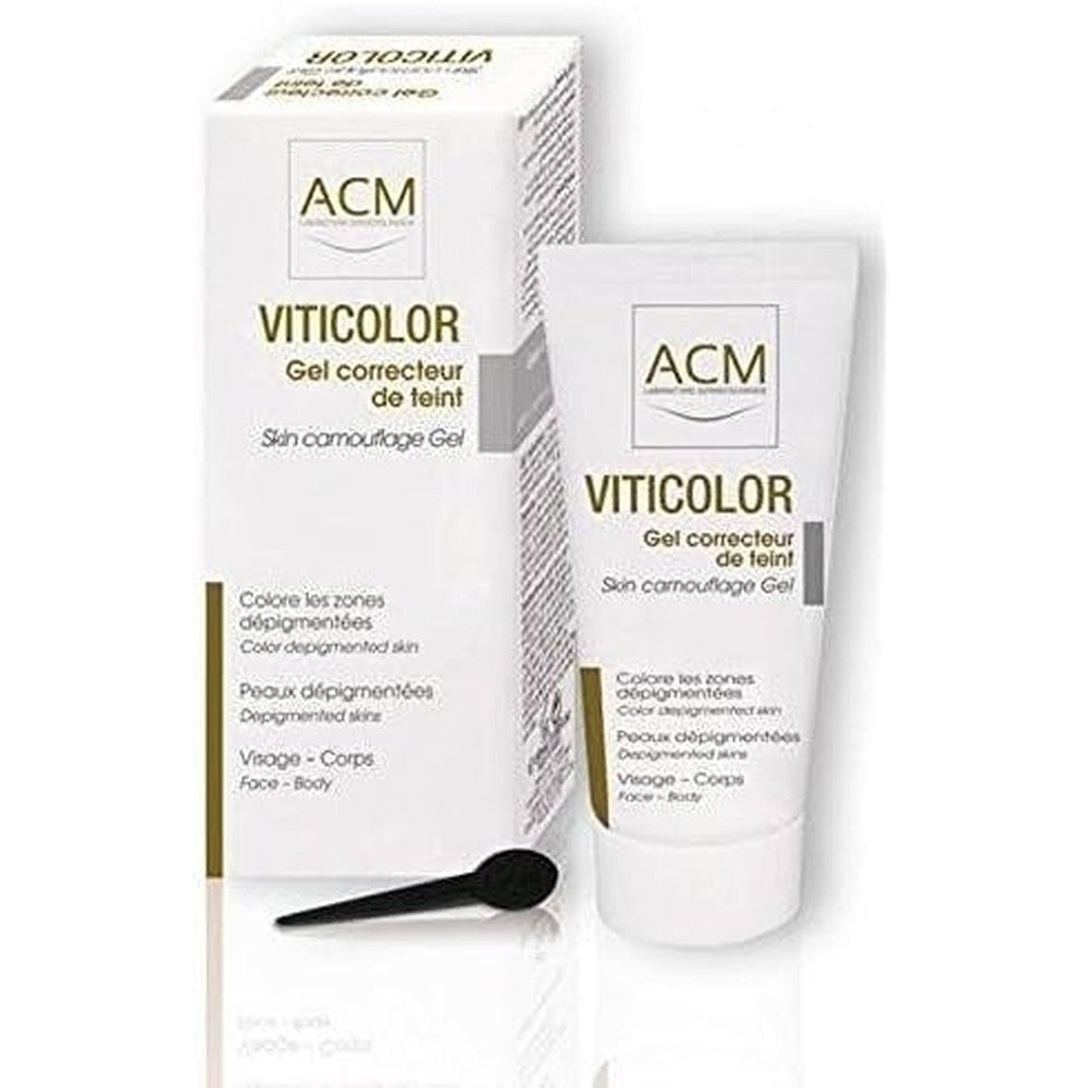 ACM Laboratoire Dermatologique Viticolor Skin Camouflage Gel fifty milliliters tube front view for vitiligo coverage.