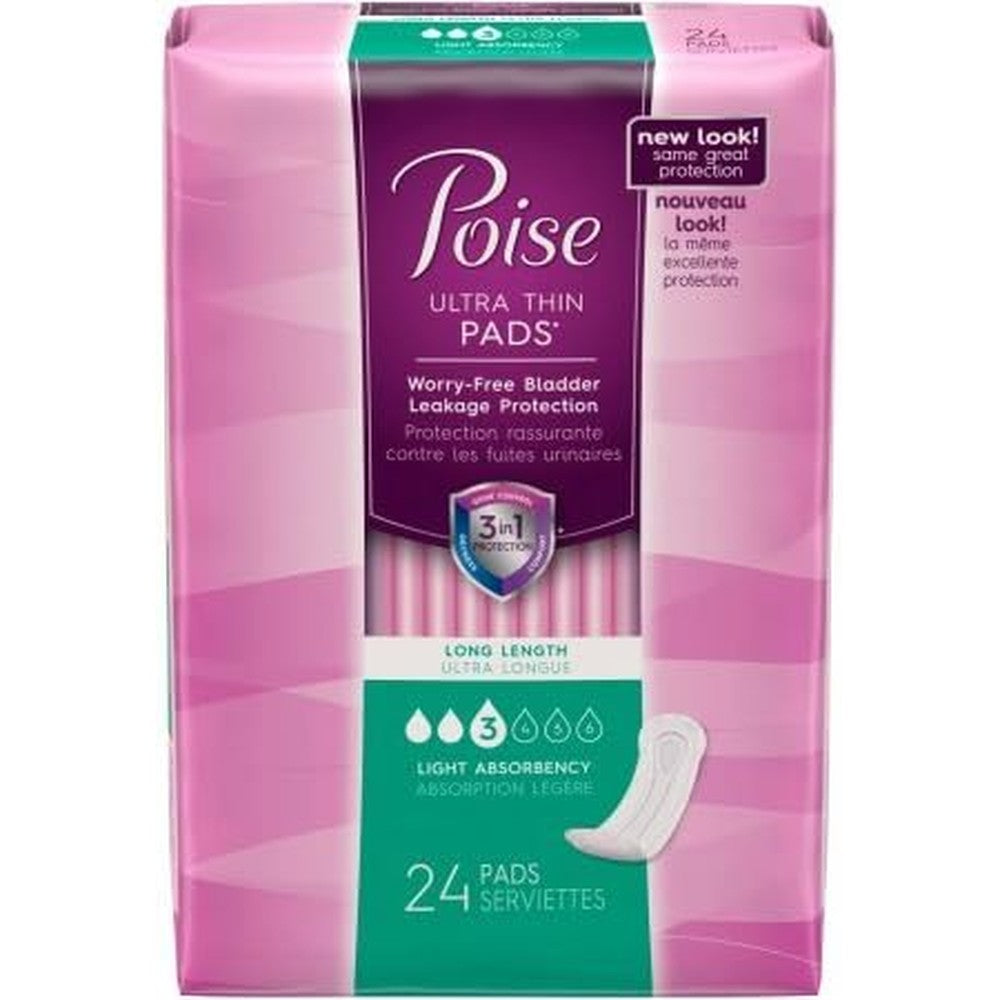 Poise Ultra Thin Incontinence Pads Long Length front view packaging for bladder leak protection.