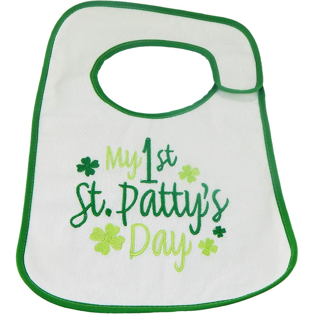 Hello Baby Wonder First St. Patrick's Day Bib front view festive embroidered infant cotton dribble bib