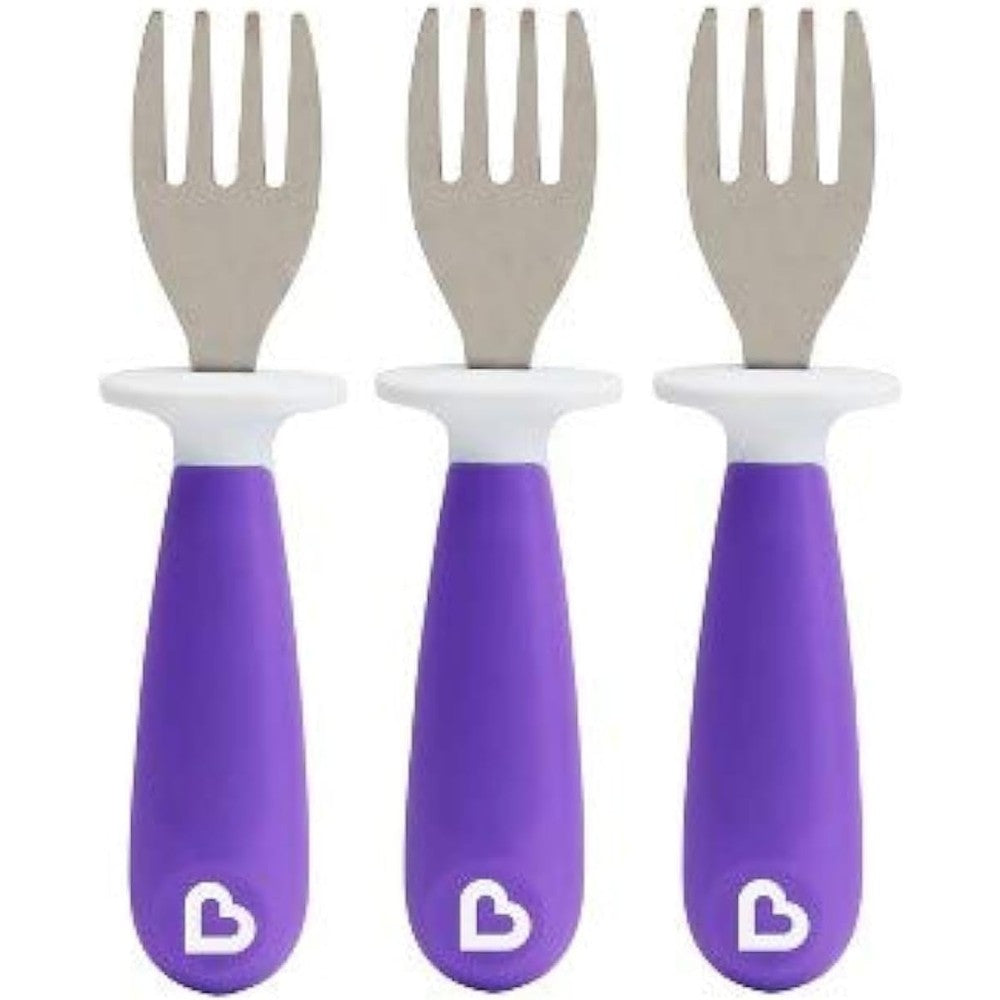 Munchkin Raise Toddler Fork Set in purple featuring ergonomic handles and hygienic base.