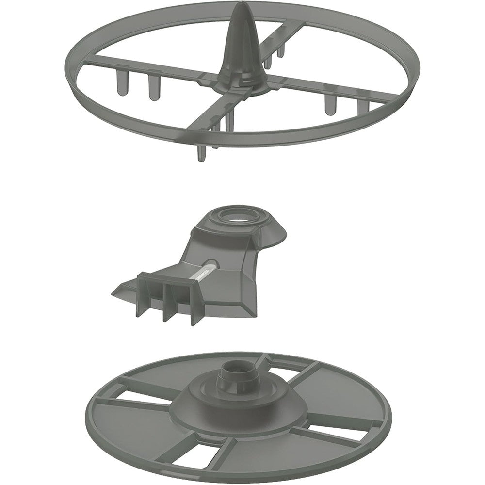 Baby Brezza Formula Pro Advanced replacement parts front view including steering wheel locking cover and measuring wheel.