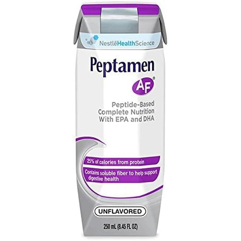 Nestle Healthcare Nutrition Peptamen AF Unflavored Case of 24 front view showing authentic imported medical formula carton.