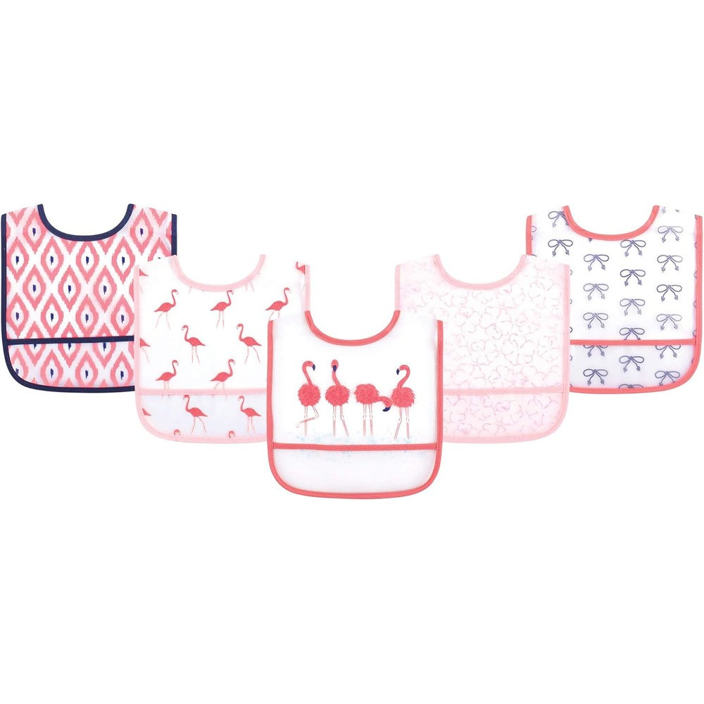 Yoga Sprout waterproof bibs in flamingo print 5 pack front view