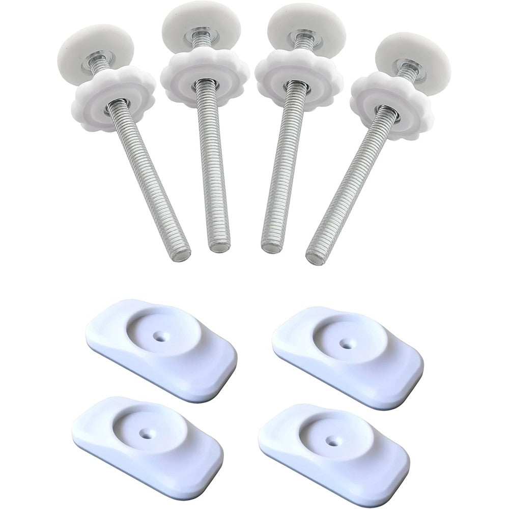 Amorbase baby gate replacement parts kit showing eight millimeter threaded spindle rods and white wall protectors front view.