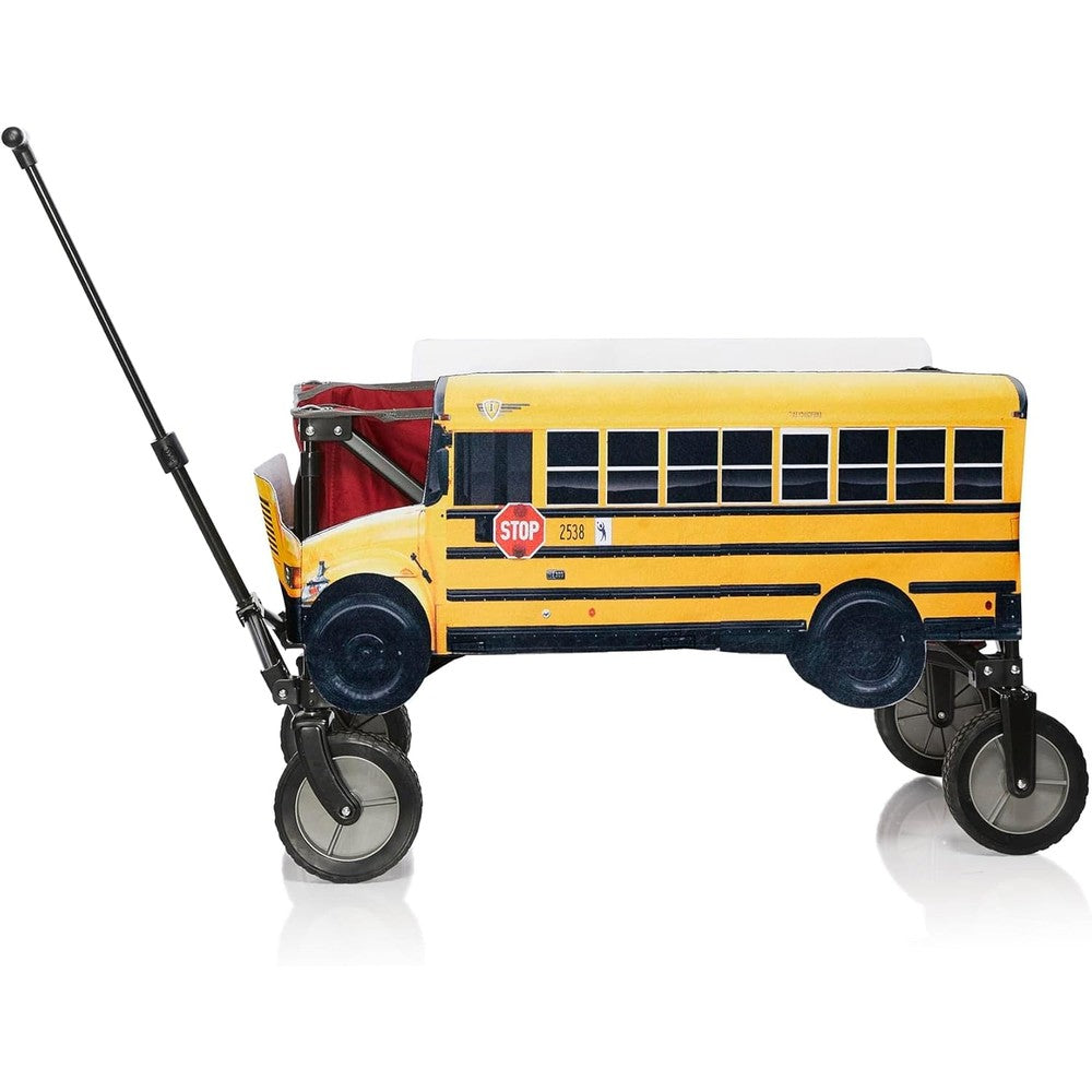 Seeing Red yellow school bus wagon cover front view attached to a standard wagon