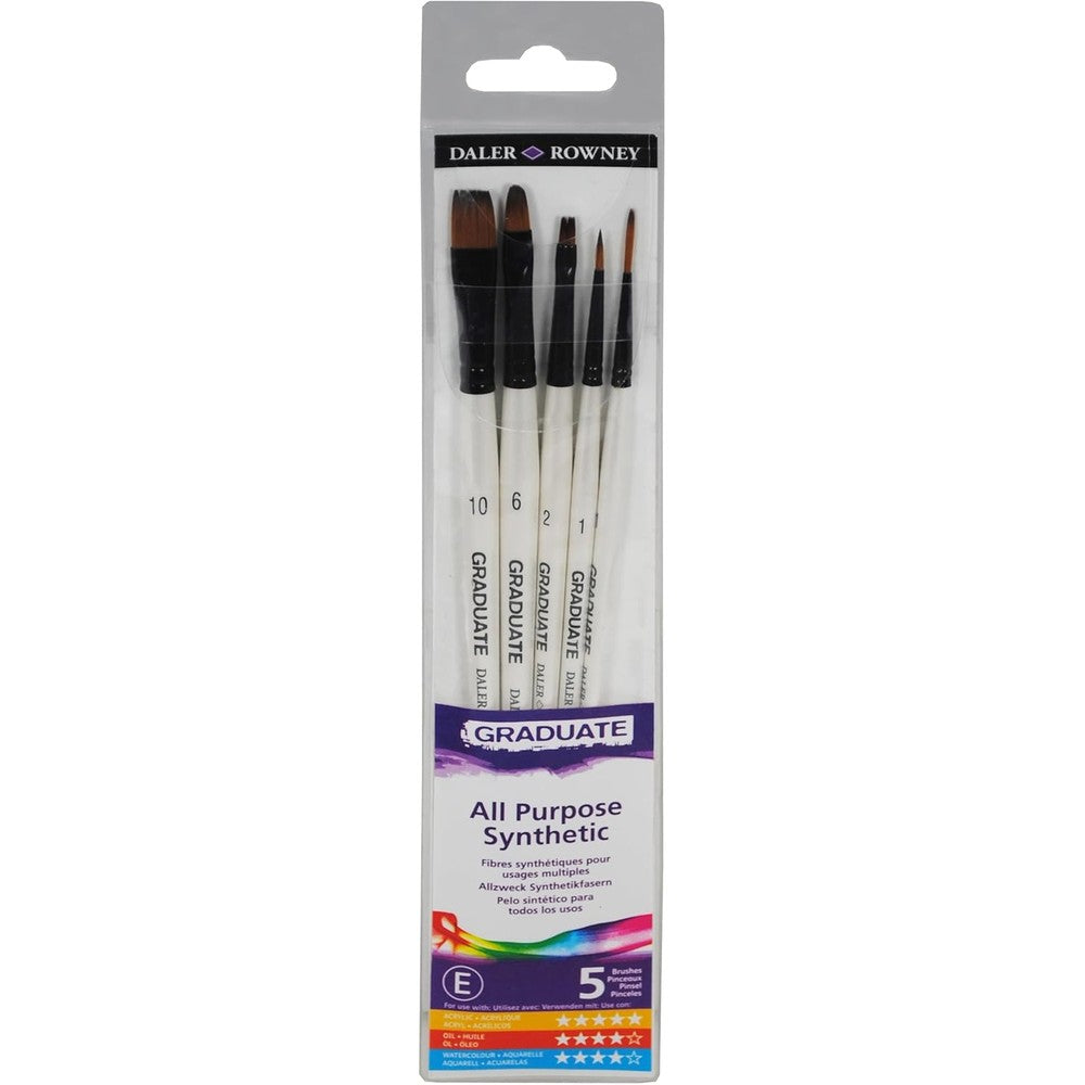 Daler-Rowney Graduate All Purpose Paintbrush 5 Piece Set front view showing assorted synthetic short handle art brushes