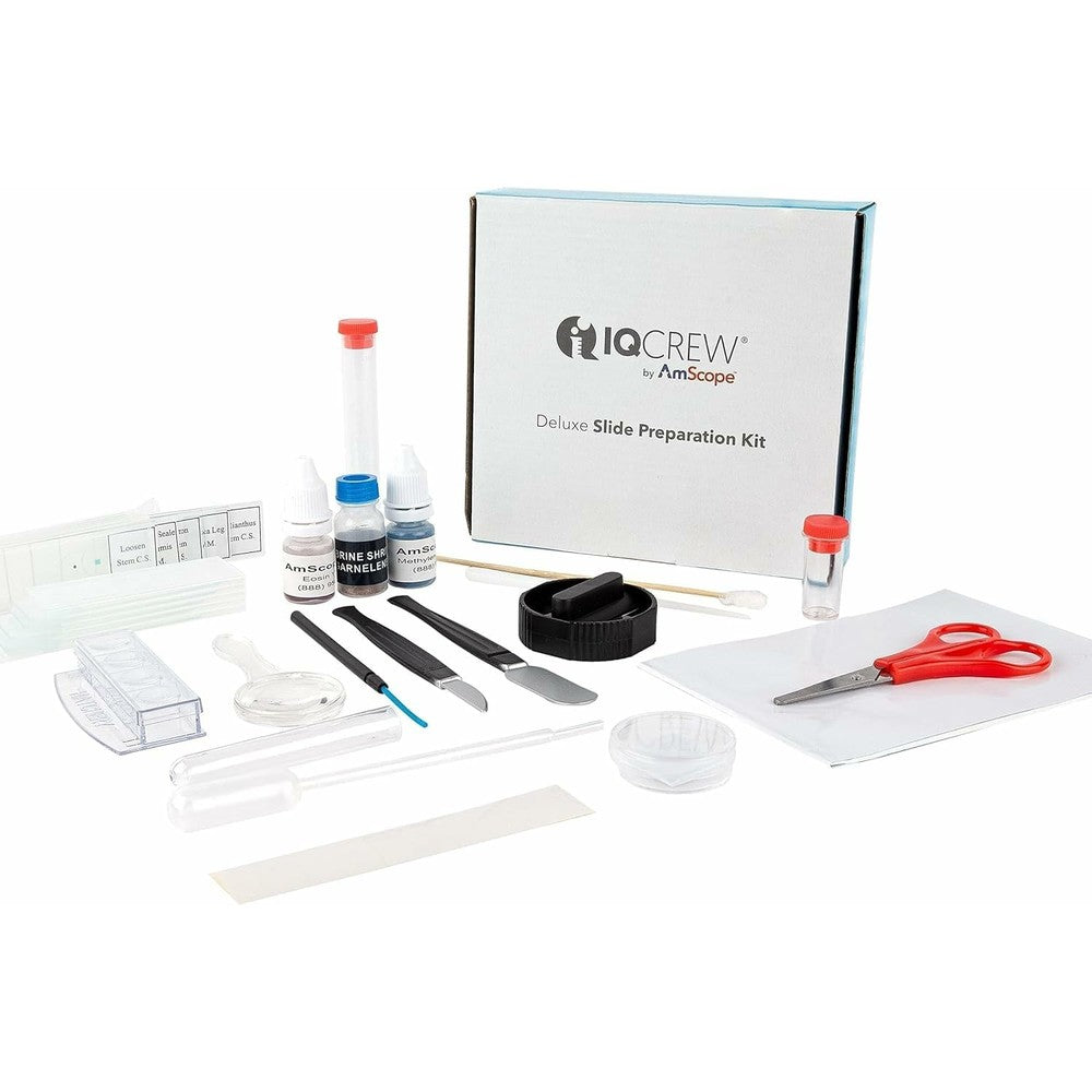 AmScope IQCrew 40 Piece Deluxe Microscope Slide Preparation Kit front view of the educational student science box showing tools and stains.