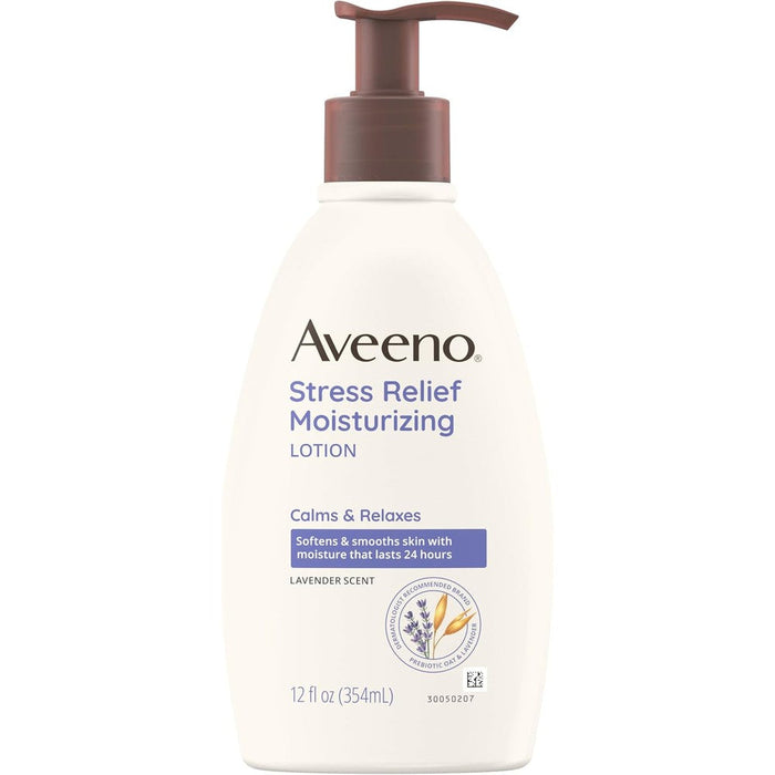 Aveeno Stress Relief Moisturizing Body Lotion 12 Fluid Ounce front view bottle showcasing lavender scent and prebiotic oat