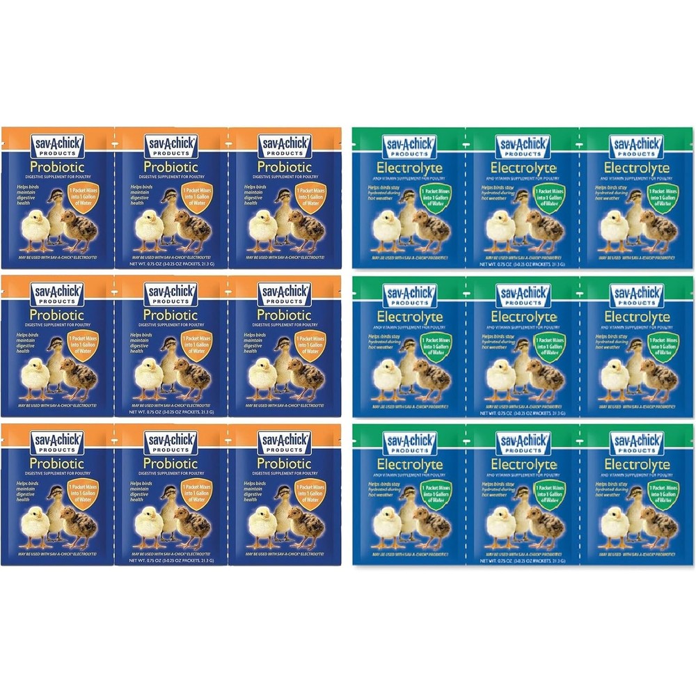 Sav-A-Chick Poultry Care Supplement Bundle 9 Packets Electrolyte And Vitamin Plus 9 Packets Probiotic 18 Count