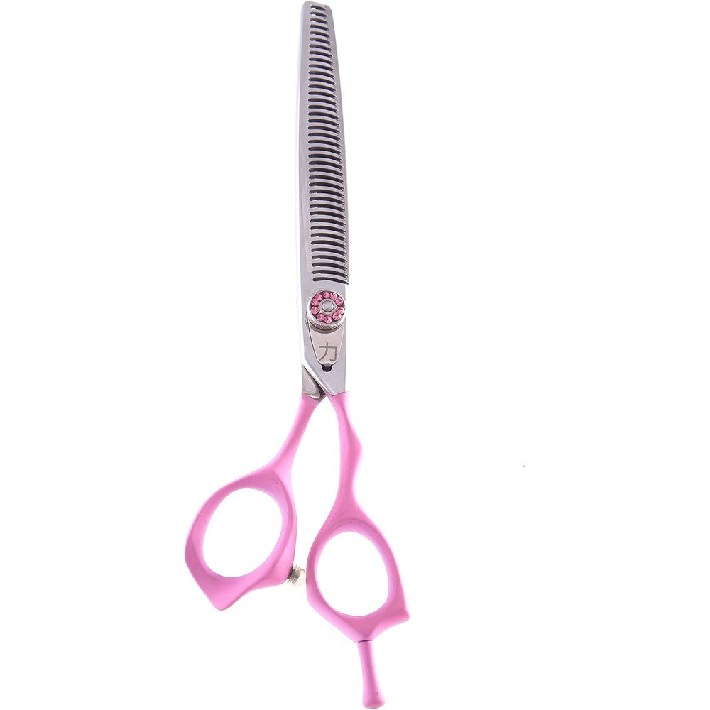 ShearsDirect Japanese 440C 40-tooth thinning shears with pink rubber handle and gemstone tension knob