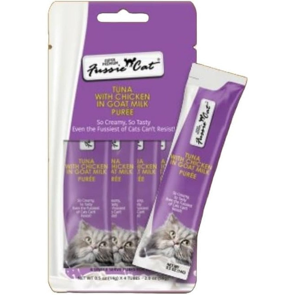Fussie Cat Premium Tuna with Chicken in Goat Milk Puree Cat Treats four pack front view