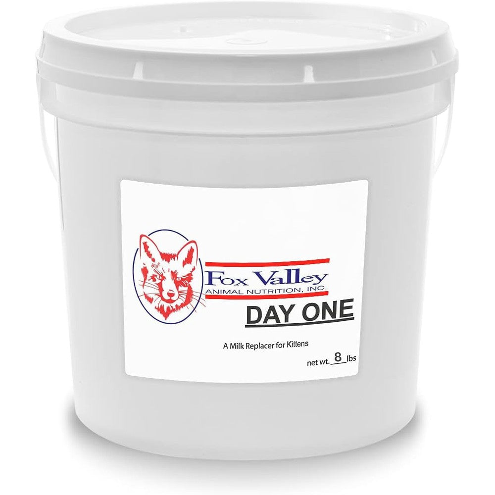 Fox Valley Day-One Kitten Formula eight pounds bucket front view authentic USA imported kitten milk replacer powder