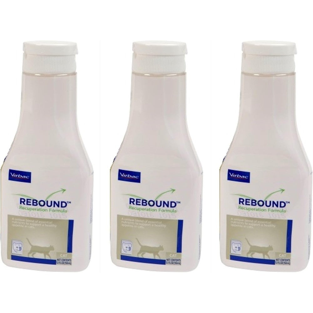R-Lake Virbac Rebound Recuperation Formula Feline three pack front view highlighting the liquid recovery pet supplement bottles.