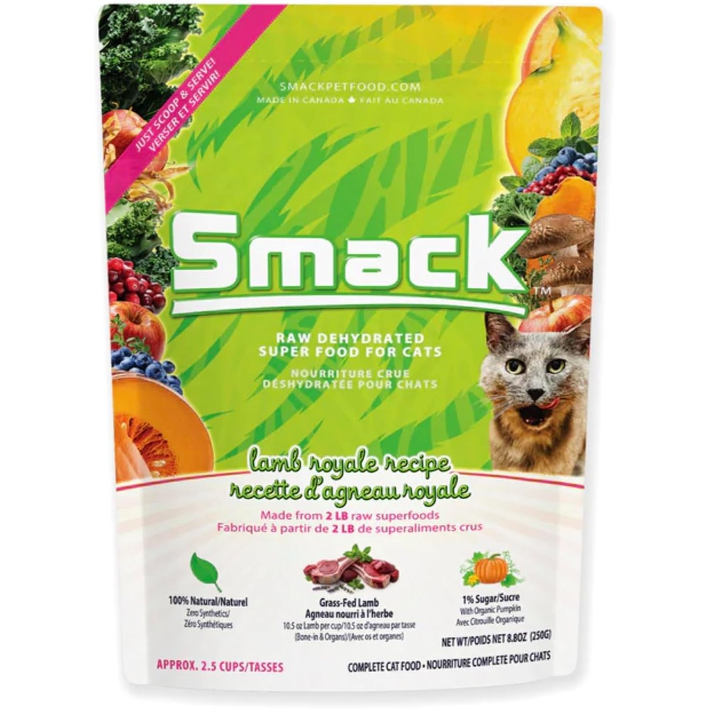 Smack Raw Dehydrated Lamb Royale Cat Food High Protein Grain Free Superfood For Cats 8.8 Ounces