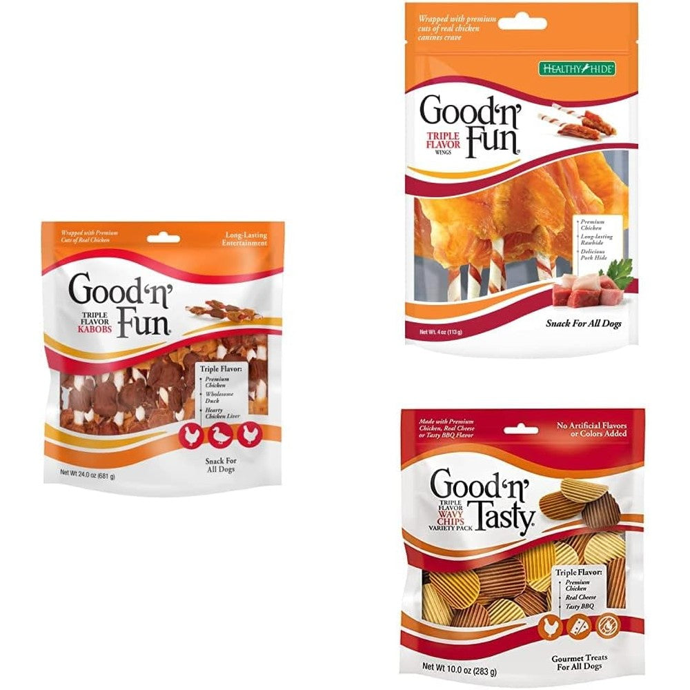 Good 'n' Fun Dog Treats Triple Flavor Rawhide Kabobs 24 Ounce Wings 4 Ounce And Good 'n' Tasty Wavy Chips 10 Ounce Variety Chew Combo Pack