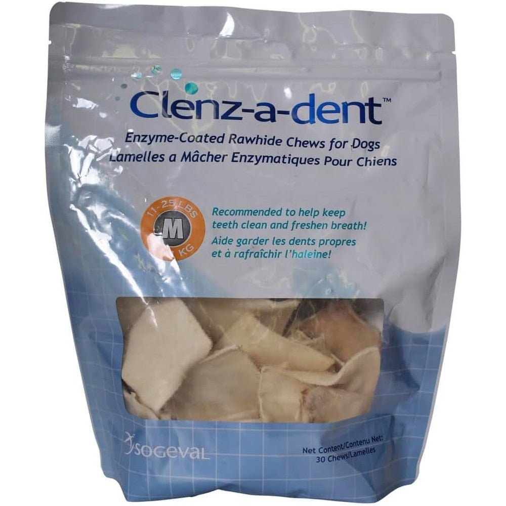 Sogeval CLE06230 Clenz-A-Dent Enzymatic Rawhide Chews For Medium Dogs Eleven To Twenty Five Pounds Poultry Flavor 30 Count