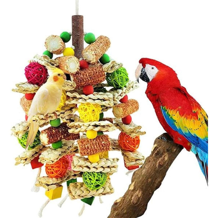 Parrot Chew Toy, Natural Material Bird Foraging Toy for Conures, Quaker Parrots, Medium-Sized Birds - Colorful Hanging Shredding Toy with Woven Ball, Corn Cob and Wooden Beads