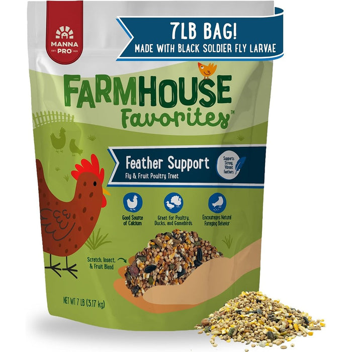 Manna Pro Farmhouse Favorites Fly & Fruit Feather Support Poultry Treat, Duck Treat, Gamebirds, Scratch, Insect & Fruit Blend with Zinc, Biotin & Omega-3s, 7 lb