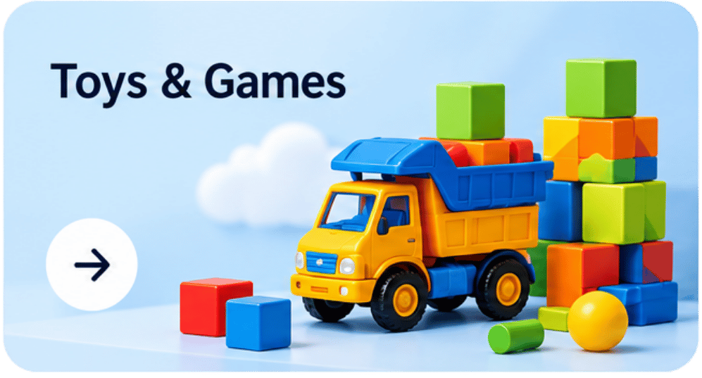 A promotional graphic for toys and games.
