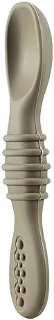 Six pack of PandaEar silicone baby spoons and forks in assorted soft earthy tones.
