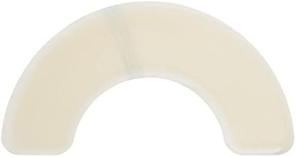 Curved beige medical adhesive tape for ostomy baseplate border protection and secure skin adhesion.
