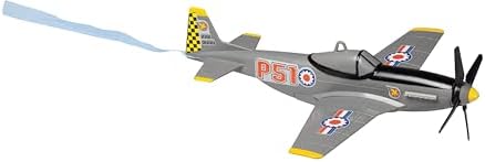Daron grey P-51 Mustang tethered toy plane hanging from a ceiling mount.