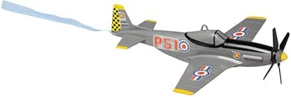 Daron grey P-51 Mustang tethered toy plane hanging from a ceiling mount.