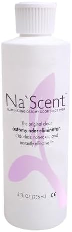 Na'Scent clear liquid ostomy bag odor neutralizer packaging showing application instructions