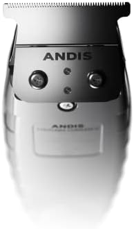 Side profile of grey Andis cordless t-outliner highlighting the power button and LED battery indicator light