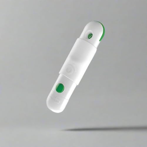 White generic glucose lancing tool next to ten free sterile lancets
