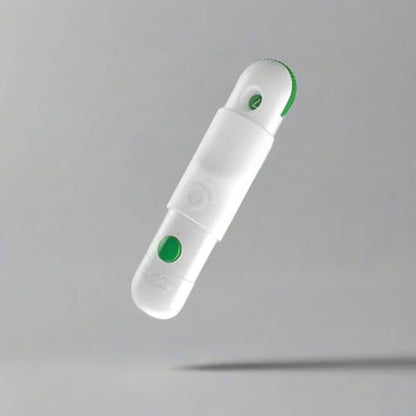 White generic glucose lancing tool next to ten free sterile lancets