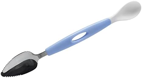 Andy's Orchids multifunctional baby food spoon being used to scrape a fresh apple slice into puree