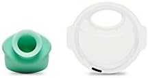 Close up of food safe silicone green valve attached to clear plastic spout accessory