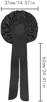 Side view of a woman wearing a black adjustable satin sleeping cap to prevent overnight frizz.